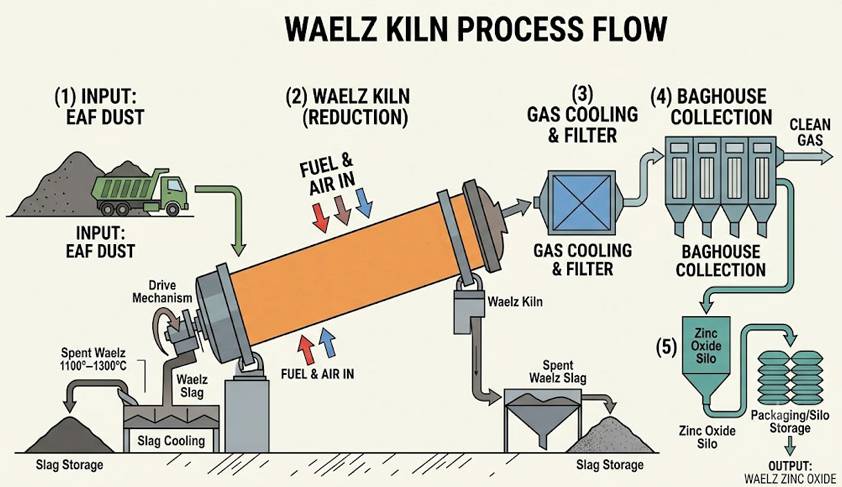 Proceso Waelz del horno rotatorio: recuperación de óxido de zinc
